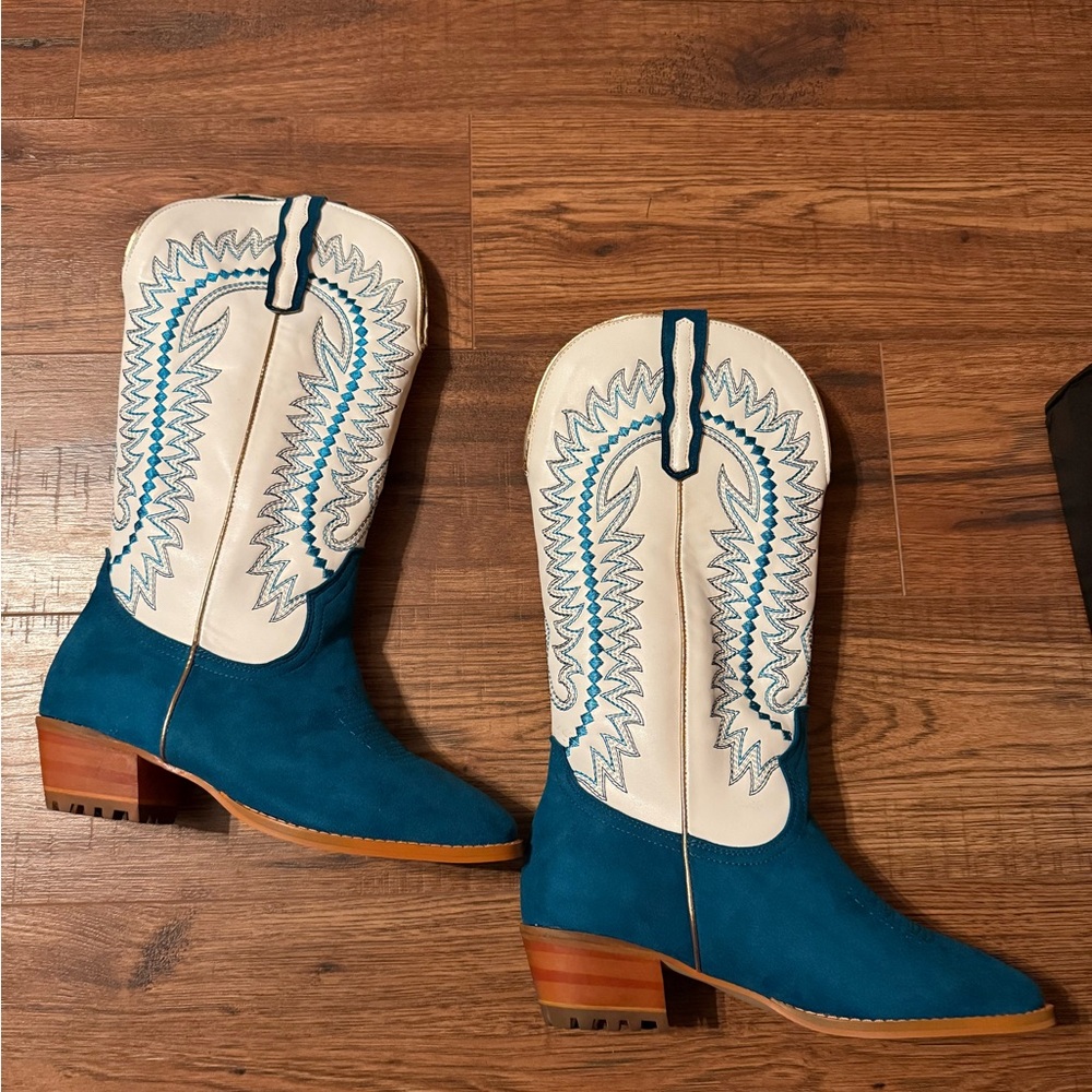 Turquoise and white faux rough out boots